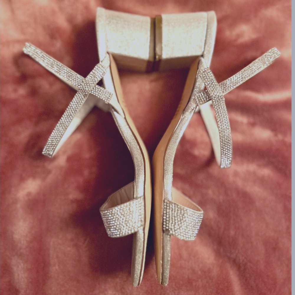 Crystal-Encrusted Stretch Strap Low-Heel Sandals, Size 8